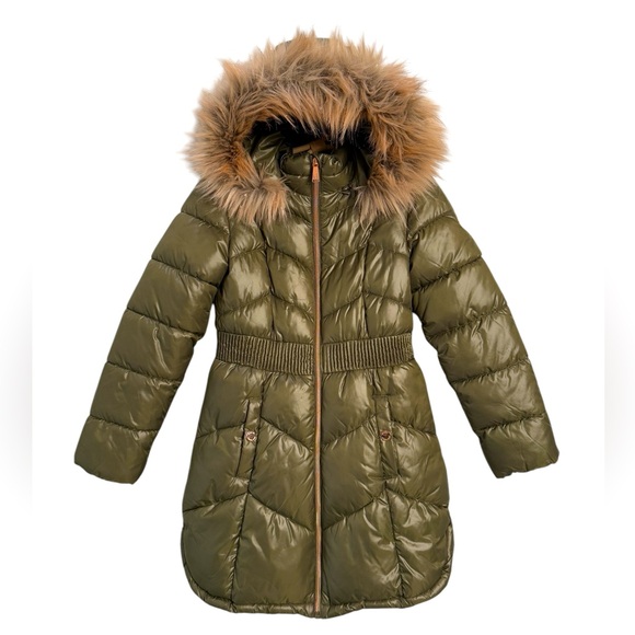 MICHAEL Michael Kors Olive Puffer Coat with Faux Fur Hood
